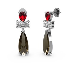 Şana Damla Küpe - Dumanlı kuvars, garnet ve swarovski 8 ayar beyaz altın küpe #1porda4