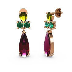 Rodolit garnet, peridot ve yeşil kuvars 14 ayar rose altın küpe