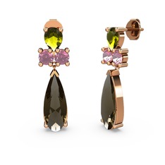 Dumanlı kuvars, peridot ve pembe kuvars 925 ayar rose altın kaplama gümüş küpe