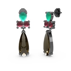 Şana Damla Küpe - Dumanlı kuvars, kök zümrüt ve kök yakut 925 ayar siyah rodyum kaplama gümüş küpe #1r76wxx