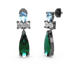 Şana Damla Küpe - Yeşil kuvars, akuamarin ve swarovski 925 ayar siyah rodyum kaplama gümüş küpe #1rdiske