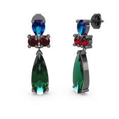 Şana Damla Küpe - Yeşil kuvars, lab safir ve garnet 925 ayar siyah rodyum kaplama gümüş küpe #1rr71dq