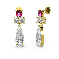 Beyaz zirkon, rodolit garnet ve swarovski 14 ayar altın küpe