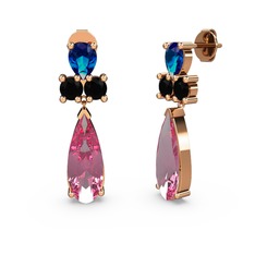 Pembe kuvars, lab safir ve siyah zirkon 8 ayar rose altın küpe