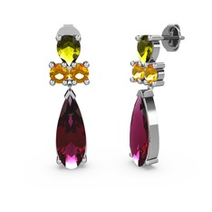 Rodolit garnet, peridot ve sitrin 8 ayar beyaz altın küpe