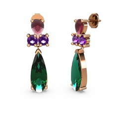 Şana Damla Küpe - Yeşil kuvars, kök yakut ve ametist 8 ayar rose altın küpe #1shzujs