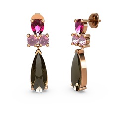 Dumanlı kuvars, rodolit garnet ve pembe kuvars 925 ayar rose altın kaplama gümüş küpe