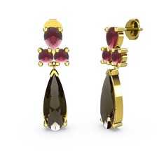 Şana Damla Küpe - Dumanlı kuvars ve kök yakut 14 ayar altın küpe #1so6nfo