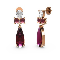 Rodolit garnet, beyaz zirkon ve kök yakut 18 ayar rose altın küpe