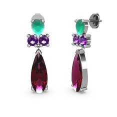 Şana Damla Küpe - Rodolit garnet, kök zümrüt ve ametist 8 ayar beyaz altın küpe #1t7j8mk