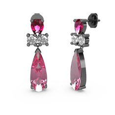 Pembe kuvars, rodolit garnet ve beyaz zirkon 925 ayar siyah rodyum kaplama gümüş küpe