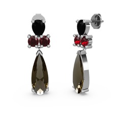 Şana Damla Küpe - Dumanlı kuvars, siyah zirkon ve garnet 8 ayar beyaz altın küpe #1t9kt8b