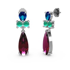 Şana Damla Küpe - Rodolit garnet, lab safir ve kök zümrüt 14 ayar beyaz altın küpe #1thi6iu