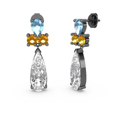 Şana Damla Küpe - Beyaz zirkon, akuamarin ve sitrin 925 ayar siyah rodyum kaplama gümüş küpe #1tobqu8