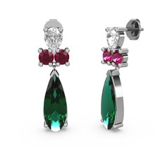 Şana Damla Küpe - Yeşil kuvars, beyaz zirkon ve rodolit garnet 14 ayar beyaz altın küpe #1tp7lav