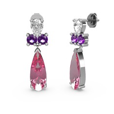 Şana Damla Küpe - Pembe kuvars, swarovski ve ametist 14 ayar beyaz altın küpe #1tqjmzq