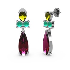 Şana Damla Küpe - Rodolit garnet, peridot ve kök zümrüt 14 ayar beyaz altın küpe #1ufnwsc