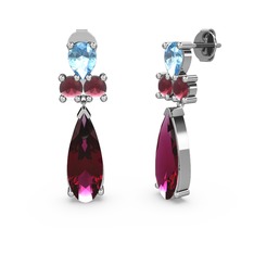 Rodolit garnet, akuamarin ve kök yakut 18 ayar beyaz altın küpe