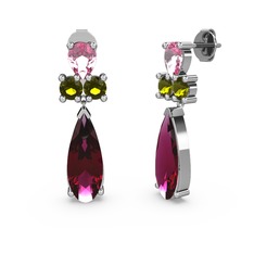Rodolit garnet, pembe kuvars ve peridot 18 ayar beyaz altın küpe