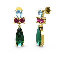 Şana Damla Küpe - Yeşil kuvars, akuamarin ve rodolit garnet 18 ayar altın küpe #1v5p784