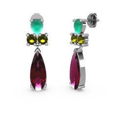 Rodolit garnet, kök zümrüt ve peridot 18 ayar beyaz altın küpe