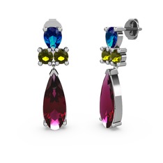 Rodolit garnet, lab safir ve peridot 18 ayar beyaz altın küpe