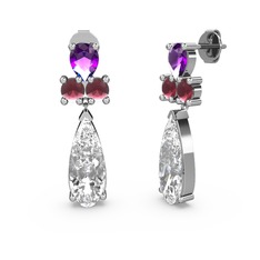 Şana Damla Küpe - Beyaz zirkon, ametist ve kök yakut 18 ayar beyaz altın küpe #1wualin