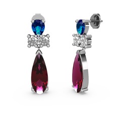 Rodolit garnet, lab safir ve beyaz zirkon 925 ayar gümüş küpe