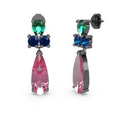 Şana Damla Küpe - Pembe kuvars, yeşil kuvars ve lab safir 925 ayar siyah rodyum kaplama gümüş küpe #1xcsaqi