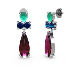 Rodolit garnet, kök zümrüt ve lab safir 14 ayar beyaz altın küpe