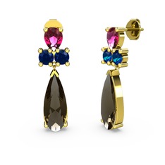 Şana Damla Küpe - Dumanlı kuvars, rodolit garnet ve lab safir 8 ayar altın küpe #1xnzsu5