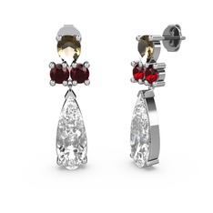 Swarovski, dumanlı kuvars ve garnet 14 ayar beyaz altın küpe