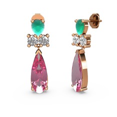 Şana Damla Küpe - Pembe kuvars, kök zümrüt ve swarovski 8 ayar rose altın küpe #1yeruab