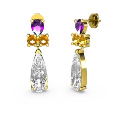 Swarovski, ametist ve sitrin 8 ayar altın küpe