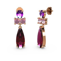 Rodolit garnet, ametist ve pembe kuvars 18 ayar rose altın küpe
