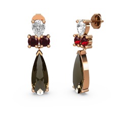 Dumanlı kuvars, beyaz zirkon ve garnet 18 ayar rose altın küpe