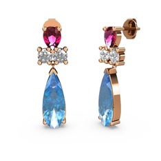 Akuamarin, rodolit garnet ve beyaz zirkon 18 ayar rose altın küpe