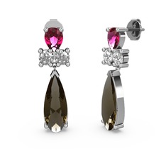 Dumanlı kuvars, rodolit garnet ve beyaz zirkon 14 ayar beyaz altın küpe