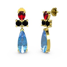 Akuamarin, garnet ve siyah zirkon 18 ayar altın küpe