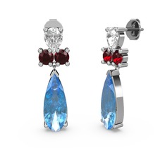 Şana Damla Küpe - Akuamarin, beyaz zirkon ve garnet 14 ayar beyaz altın küpe #2dmzeb