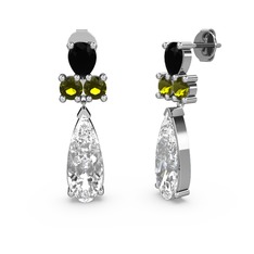 Şana Damla Küpe - Beyaz zirkon, siyah zirkon ve peridot 8 ayar beyaz altın küpe #2jdpee