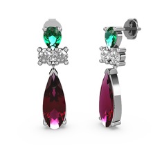 Şana Damla Küpe - Rodolit garnet, yeşil kuvars ve beyaz zirkon 18 ayar beyaz altın küpe #31gwes