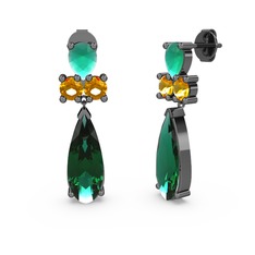 Şana Damla Küpe - Yeşil kuvars, kök zümrüt ve sitrin 925 ayar siyah rodyum kaplama gümüş küpe #331dx9