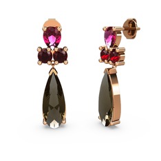 Dumanlı kuvars, rodolit garnet ve garnet 18 ayar rose altın küpe