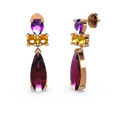 Rodolit garnet, ametist ve sitrin 8 ayar rose altın küpe