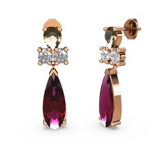 Rodolit garnet, dumanlı kuvars ve beyaz zirkon 14 ayar rose altın küpe