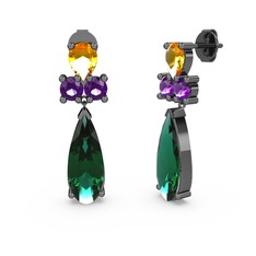 Şana Damla Küpe - Yeşil kuvars, sitrin ve ametist 925 ayar siyah rodyum kaplama gümüş küpe #4e070v