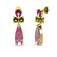 Pembe kuvars, rodolit garnet ve peridot 18 ayar altın küpe