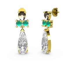 Şana Damla Küpe - Swarovski, dumanlı kuvars ve kök zümrüt 14 ayar altın küpe #52gumx