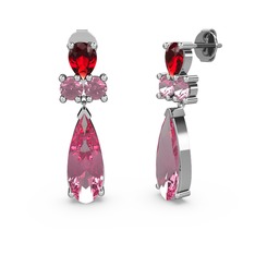 Pembe kuvars ve garnet 14 ayar beyaz altın küpe